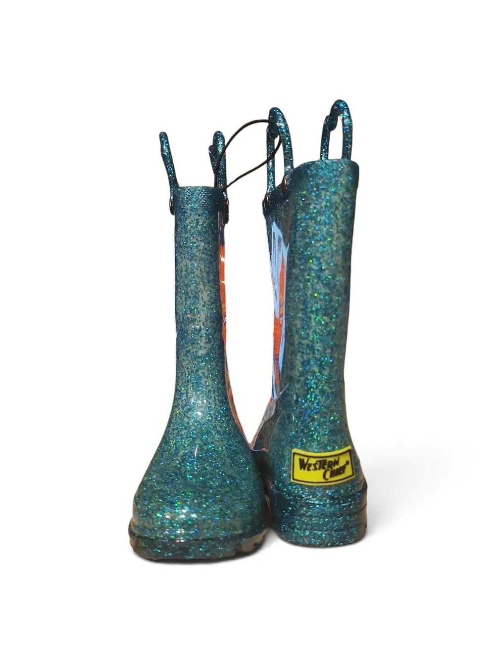 Western Chief Kids Teal Glitter Lights Heart-Handle Pull-On Rain Boots, US 8